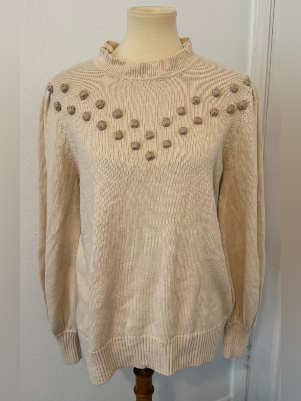 Summersalt The Year-Round Balloon Sleeve Pompom Sweater Ruffle Neck Soft Large